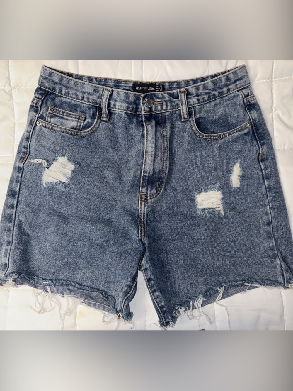 EUC Pretty Little Thing High-Rise Distressed Denim Shorts - Blue